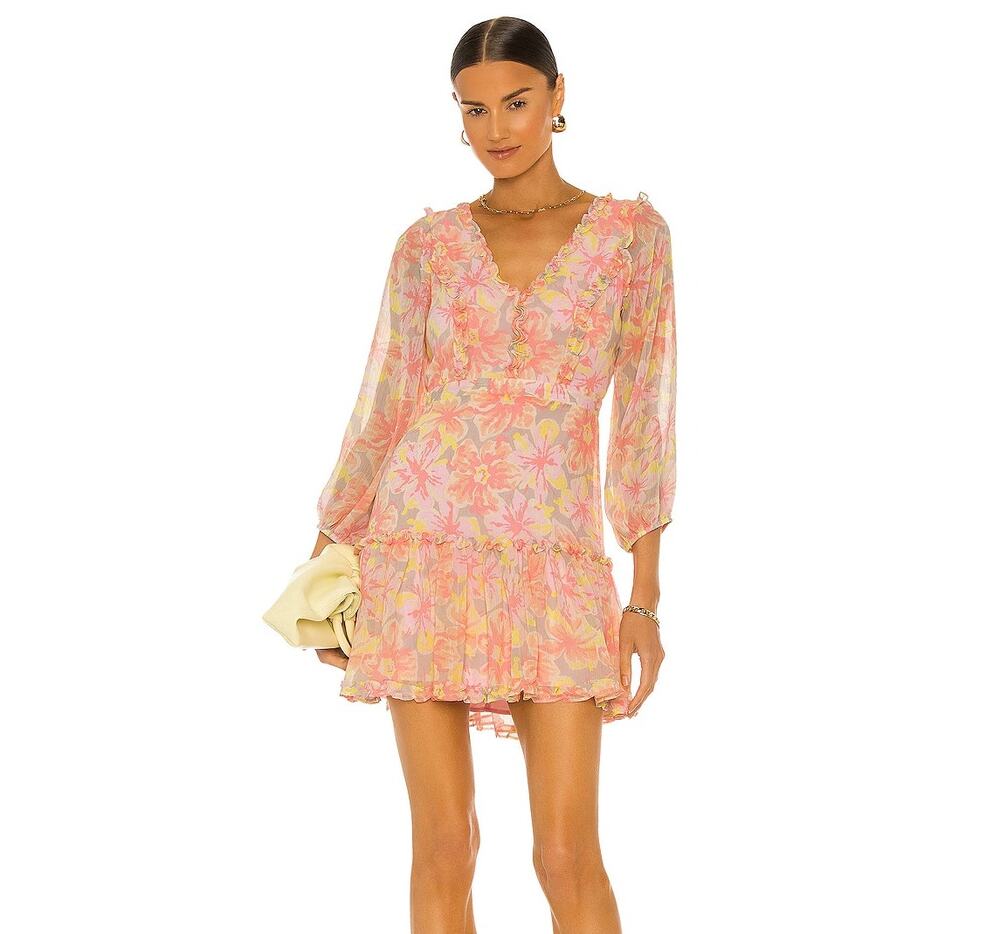 Likely Revolve Mia Ruffle Mini Dress, Peach Pink Floral, 2, Feminine Romantic